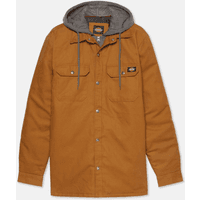Brown Dickies Duck Shirt Jacket, XL, with button front, dual chest pockets, and attached gray hood.