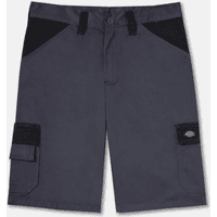 Gray Dickies shorts with black pockets, belt loops, and cargo pocket on the right leg, size 36.