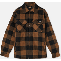 Brown and black plaid Dickies Portland shirt with button-up front, two chest pockets, and long sleeves.
