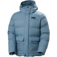 Blue Helly Hansen Nordic down jacket with hood, front pockets, and HH logo on chest.