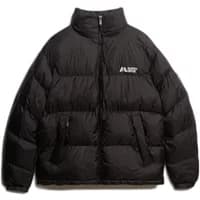 Black Superdry down jacket with high collar, front zipper, and logo on chest.
