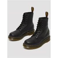 Black Dr Martens 1460 Pascal Virginia boots with smooth leather, lace-up design, and signature yellow stitching.