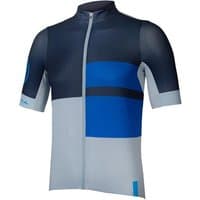 Endura FS260 short sleeve jersey, navy and blue geometric design, full front zipper, lightweight fabric.