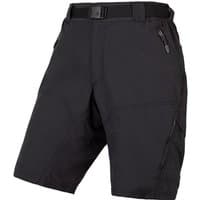 Black Endura Hummvee women's cycling shorts with adjustable belt, zippered pockets, and knee-length cut.