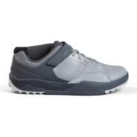Gray Endura MT500 Burner flat MTB cycling shoes with Velcro strap, textured sole, and reinforced toe.