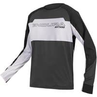 Black and white Endura MT500 Burner Lite long sleeve MTB cycling jersey with logo on chest and contrasting sleeves.