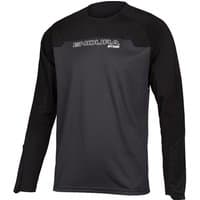 Black and gray Endura MT500 Burner long sleeve MTB jersey with logo on chest and breathable fabric design.