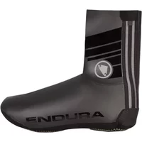 Black Endura Road Overshoe with reflective stripes, logo detail, and sleek aerodynamic design.