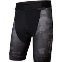 Black and gray camo Endura MTB liner shorts with 550 Series Pad and breathable mesh panels.