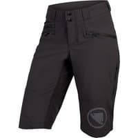 Black Endura SingleTrack women's cycling shorts with zip pockets, button closure, and logo on the left leg.