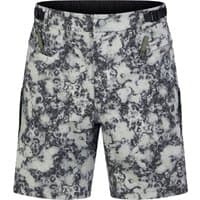 Gray and black camo-patterned MTB shorts with zippered pockets and adjustable waistband.