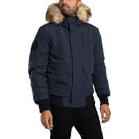 Navy blue hooded puffer bomber jacket with faux fur trim and black ribbed cuffs by Superdry.