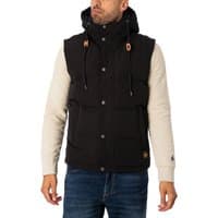 Black Everest Hooded Puffer Gilet by Superdry with front buttons, drawstring hood, and side pockets.