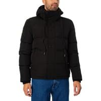 Black Everest Short Hooded Puffer Jacket by Superdry with front zip, button closure, and adjustable drawstrings.