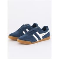 Gola Harrier suede trainers, ink blue with off-white stripes, gum sole, size 7.