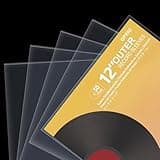 GPXIIZ 12" vinyl sleeves, crystal clear, 3 mil thick, acid-free polypropylene, shown with a record partially inserted.