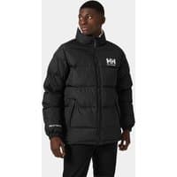 Black Helly Hansen reversible jacket, padded with high collar, HH logo on chest, and elastic cuffs, size XS.