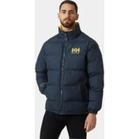 Navy Helly Hansen reversible jacket, puffer style, yellow HH logo on chest, high collar, zip closure.