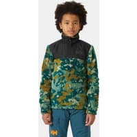 Green Helly Hansen junior jacket with black shoulders, camo pattern, and front zipper, worn by a child.