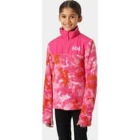 Pink Helly Hansen Junior Champ midlayer jacket with white logo, high collar, and abstract pink-orange pattern.