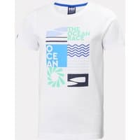 White Helly Hansen junior T-shirt with blue and green Ocean Race graphic and short sleeves.