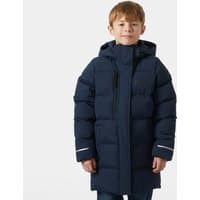 Navy Helly Hansen juniors’ puffy parka with hood, quilted design, and reflective accents on sleeves.