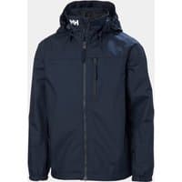 Navy Helly Hansen juniors’ hooded jacket with front zipper, chest pocket, and HH logo on hood.