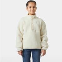 White Helly Hansen juniors' sweater with high collar, half-zip front, and soft fleece texture.