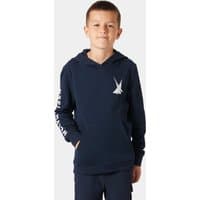 Navy Helly Hansen juniors' hoodie with white graphic logo on chest and sleeve, front pocket, and hood.