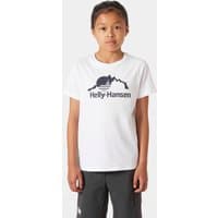 White Helly Hansen juniors' T-shirt with navy mountain graphic and logo, worn by a young person, size 14.