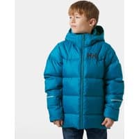 Blue Helly Hansen juniors' down winter jacket with hood, front zipper, and logo on chest, suitable for size 14.