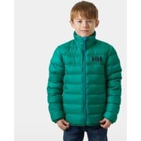 Green Helly Hansen juniors’ puffer jacket with front zipper, high collar, and HH logo on chest.