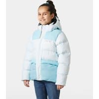 Helly Hansen Juniors' Specter Puffy Jacket in light blue and white, hooded with quilted design and front zipper.