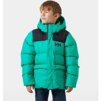 Green Helly Hansen juniors' puffy jacket with black shoulder accents, hood, and HH logo on chest, size 12.