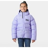 Purple Helly Hansen Juniors' Specter Puffy Jacket with hood, front zipper, and HH logo on chest.