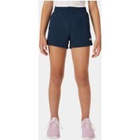 Navy blue juniors' shorts with elastic waistband, white logo on hem, worn by a child model.