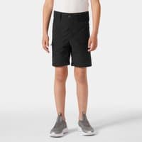 Black Helly Hansen juniors' shorts with zip pockets, belt loops, and button closure, worn by a model in sneakers.