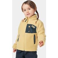 Beige Helly Hansen kid's fleece jacket with navy accents, zip pockets, and high collar, worn by child with braided hair.