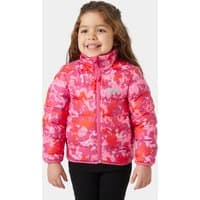 Pink Helly Hansen kids’ reversible jacket with camo pattern, high collar, and zip closure, worn by a child.