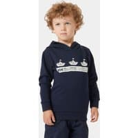 Navy Helly Hansen kids' hoodie with boat graphics and white text on chest, featuring a hood and long sleeves.