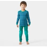 Kids' green Helly Hansen base layer set with graphic pattern, long sleeves, and matching pants.