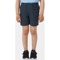 Navy blue kids' cargo shorts with elastic waistband, side pockets, and knee-length fit.