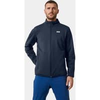Navy Helly Hansen fleece jacket, full zip, high collar, white logo on chest, worn by male model.