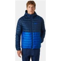 Blue Helly Hansen men's hooded insulator jacket, quilted design, two-tone navy and royal blue, full zip, size 2XL.
