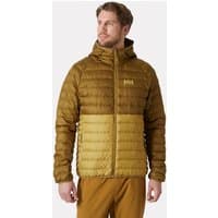 Brown Helly Hansen men's hooded insulator jacket, quilted design, two-tone with logo on chest, size 2XL.