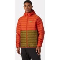 Orange Helly Hansen hooded insulator jacket with green lower panels, quilted design, and front zipper.