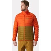 Orange Helly Hansen men's jacket with olive green lower section, quilted design, and high collar.