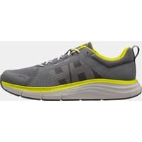 Grey Helly Hansen men’s marine shoes with yellow accents, mesh upper, and cushioned white sole, size 6.5.