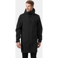 Black Helly Hansen men's raincoat with hood, front zipper, and adjustable cuffs, size M.