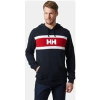 Navy Helly Hansen hoodie with red and white stripe, HH logo on chest, drawstring hood, and front pocket.